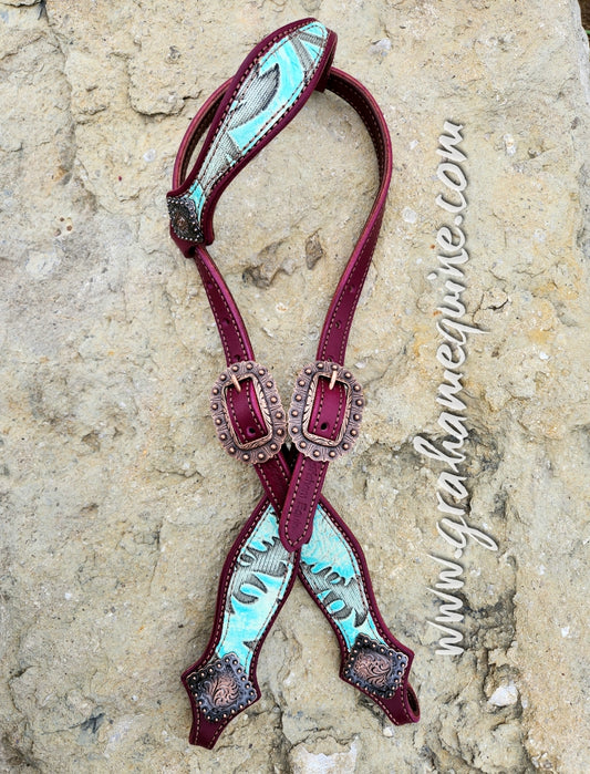 Headstall, Wine Leather- Turquoise Cowboy