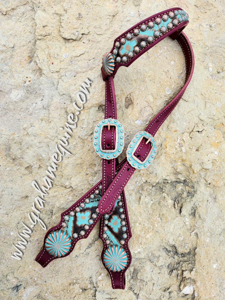 Headstall, Wine Leather- Turquoise Patina Aztec