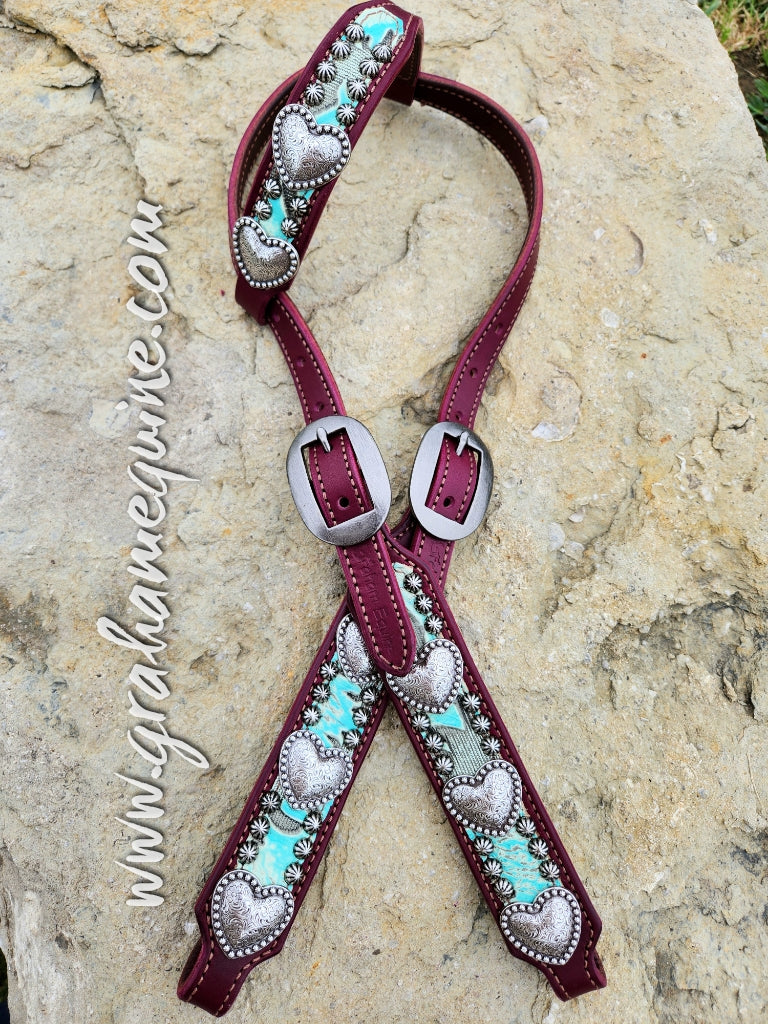 Headstall, Wine Leather- Silver Hearts