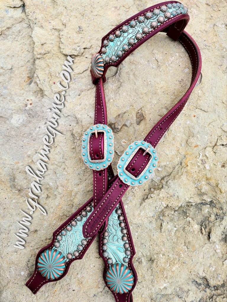 Headstall, Wine Leather- Mint Paisley