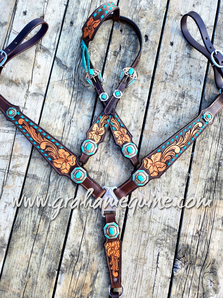 Floral Turquoise & Buckstitch Tack Set