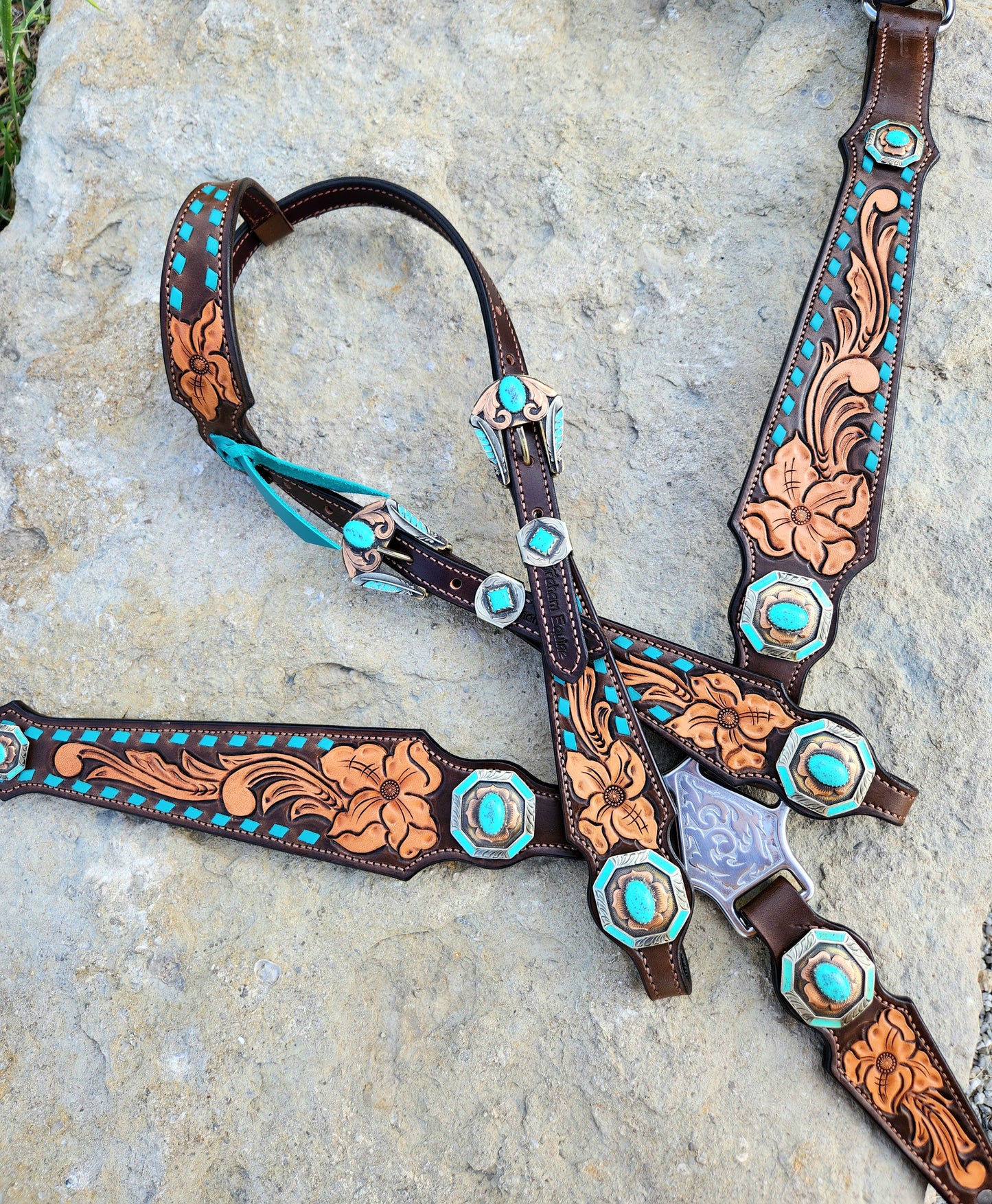 Floral Turquoise & Buckstitch Tack Set