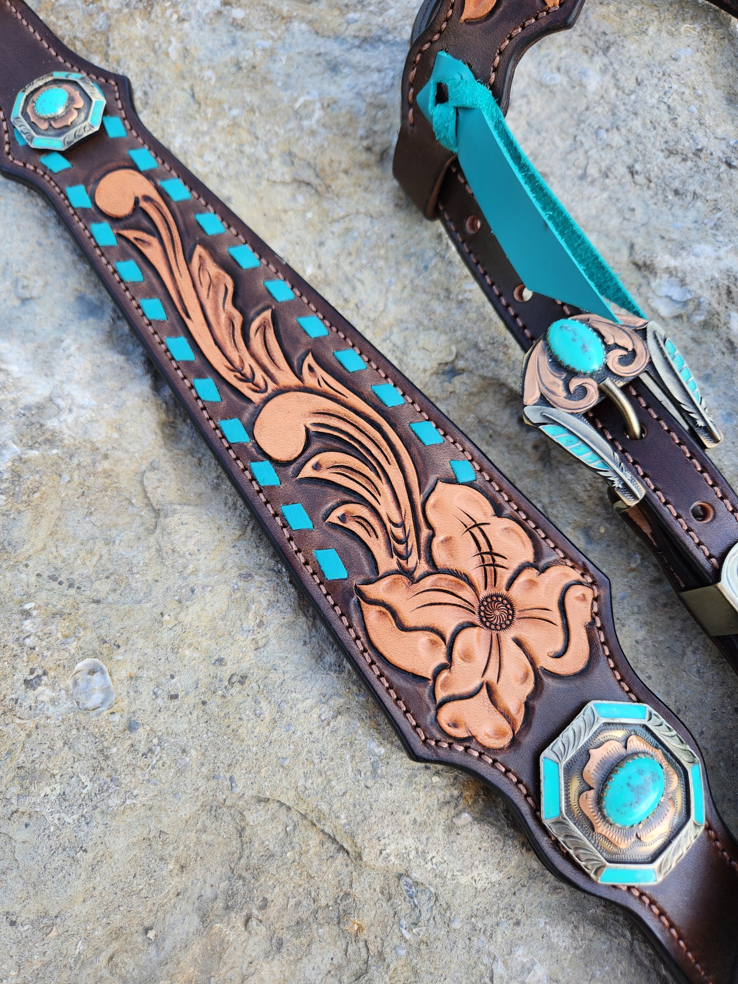 Floral Turquoise & Buckstitch Tack Set