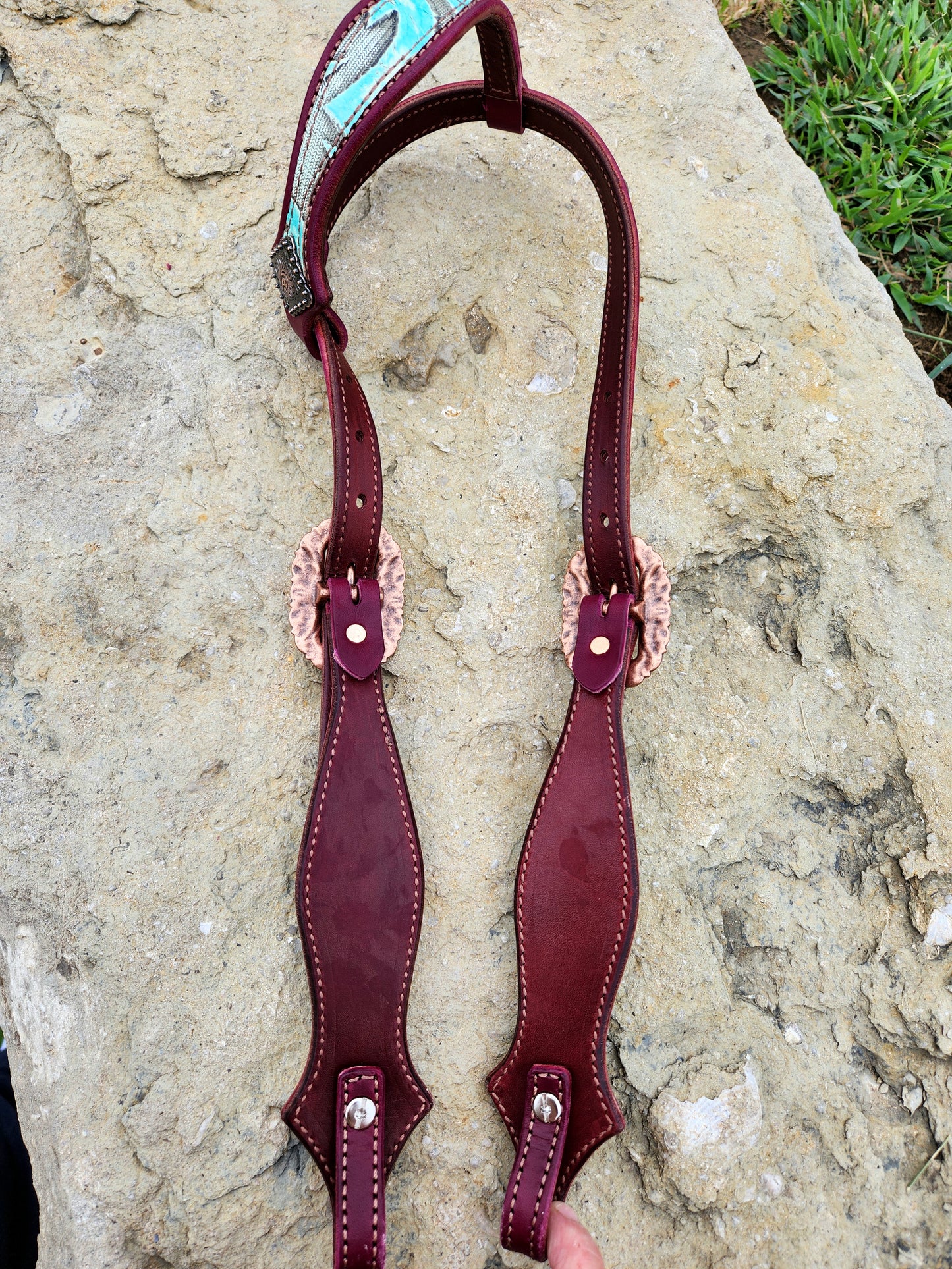 Headstall, Wine Leather- Turquoise Cowboy