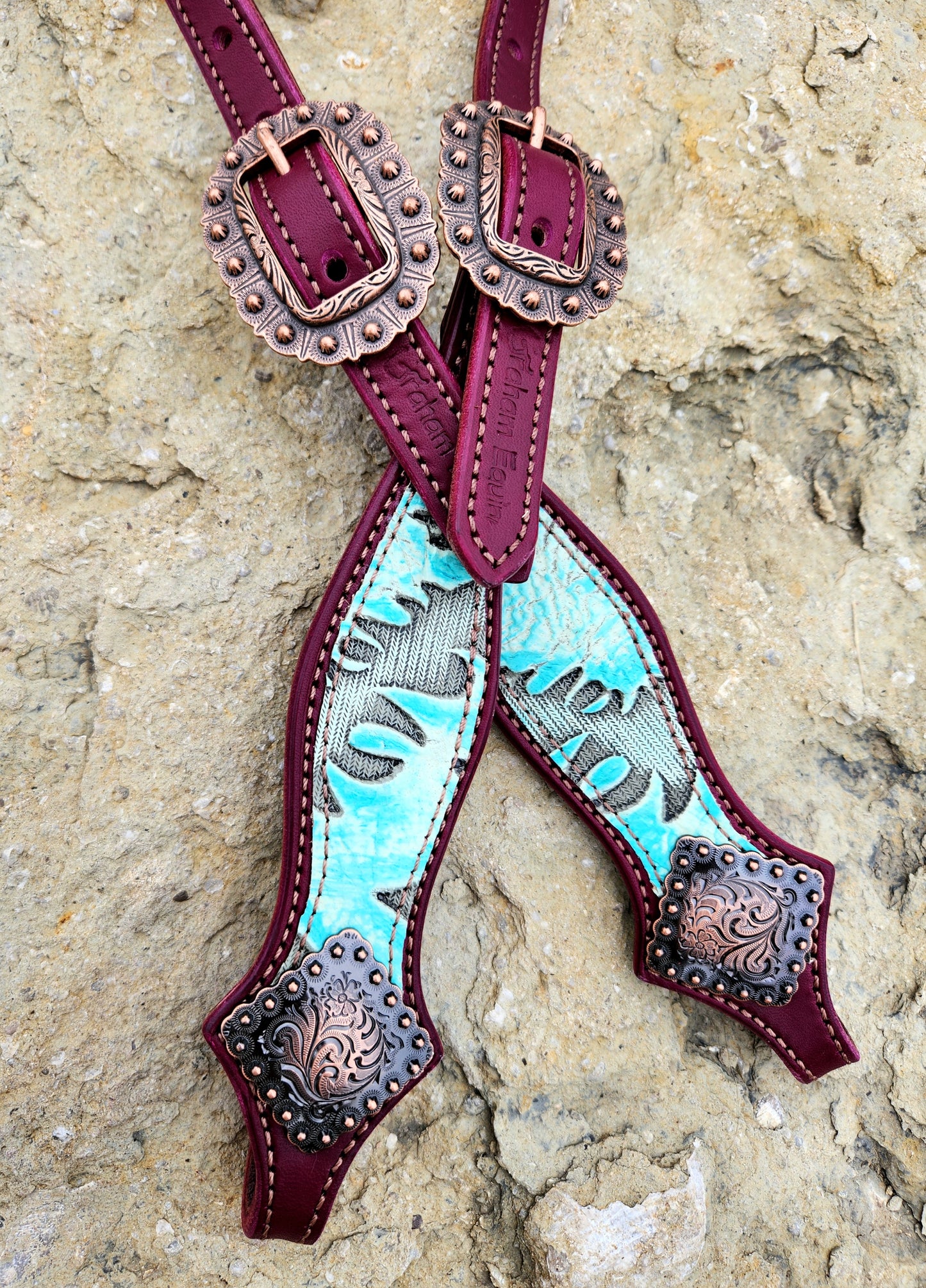 Headstall, Wine Leather- Turquoise Cowboy