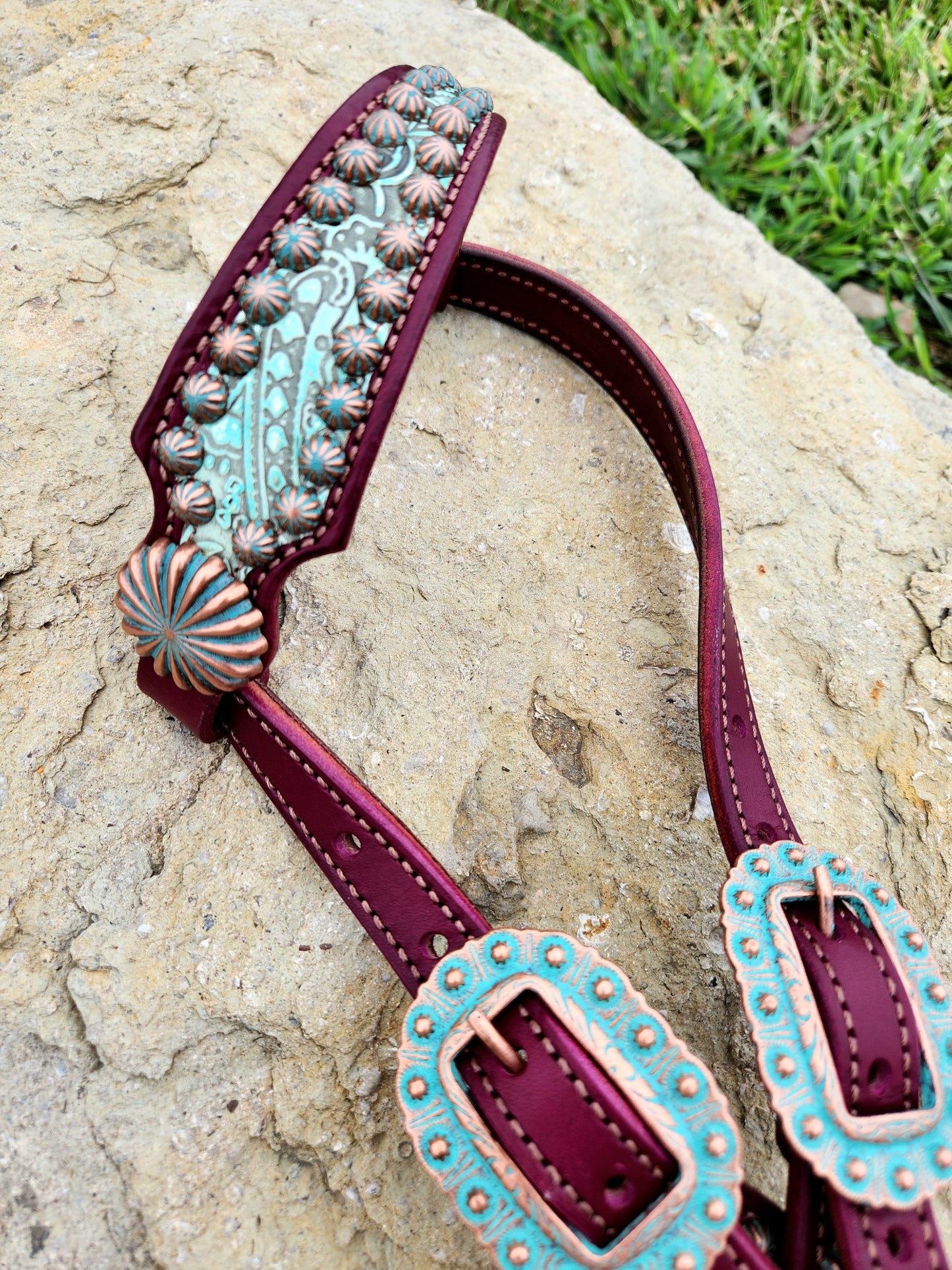 Headstall, Wine Leather- Mint Paisley