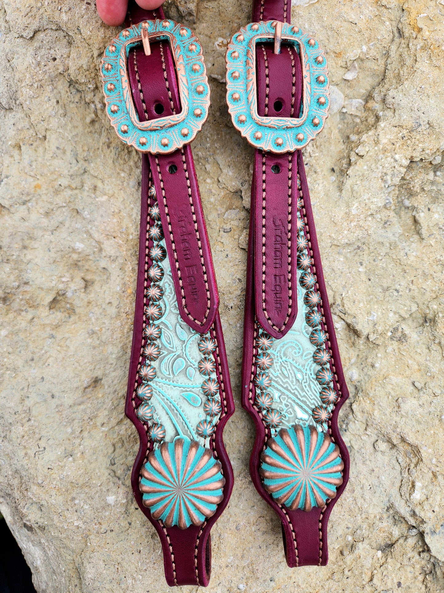 Headstall, Wine Leather- Mint Paisley