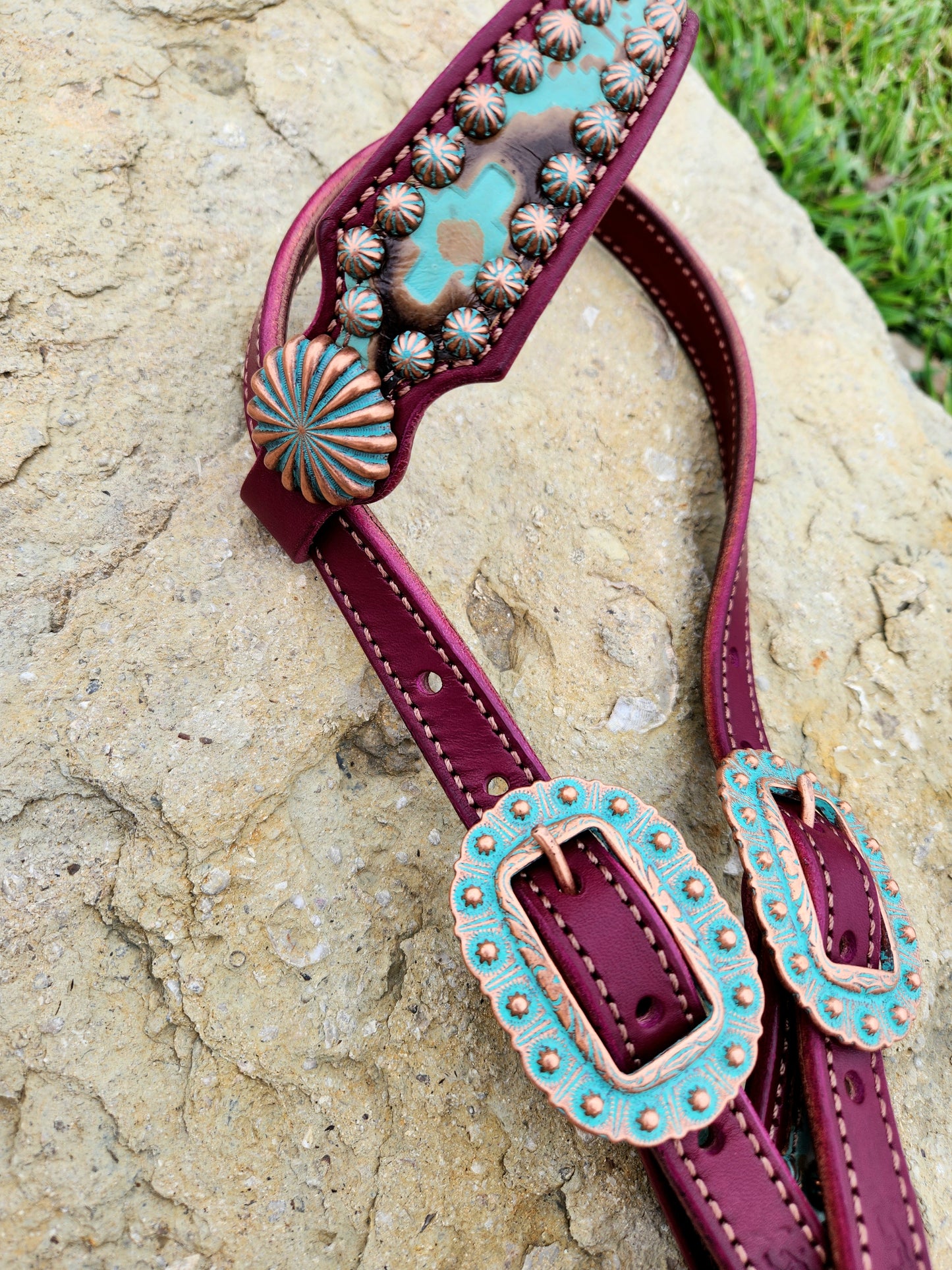 Headstall, Wine Leather- Turquoise Patina Aztec