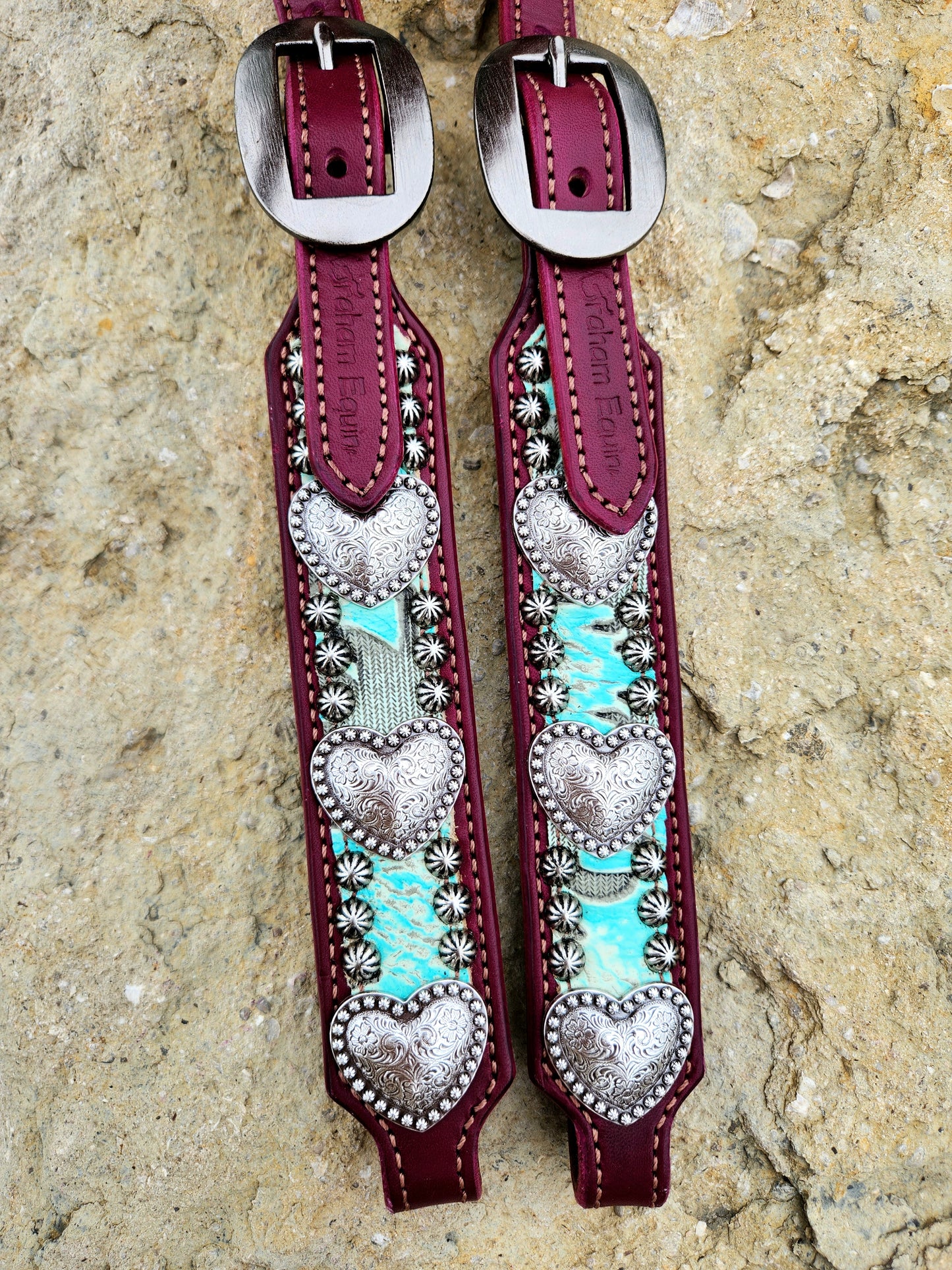 Headstall, Wine Leather- Silver Hearts