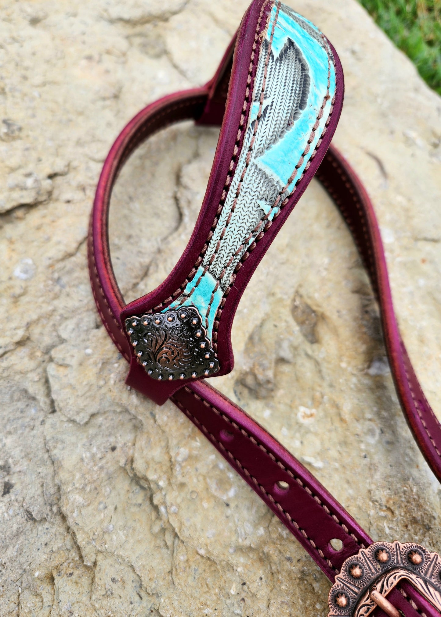 Headstall, Wine Leather- Turquoise Cowboy