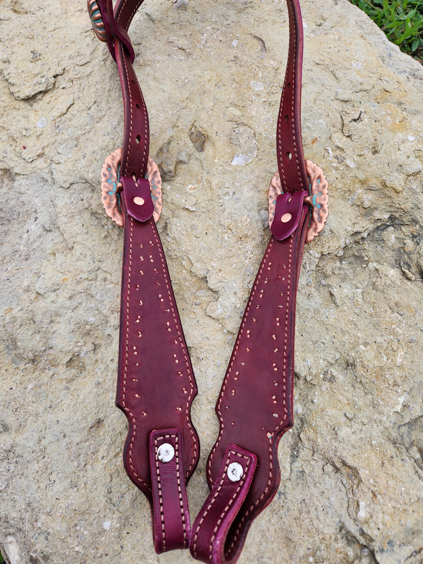 Headstall, Wine Leather- Turquoise Patina Aztec