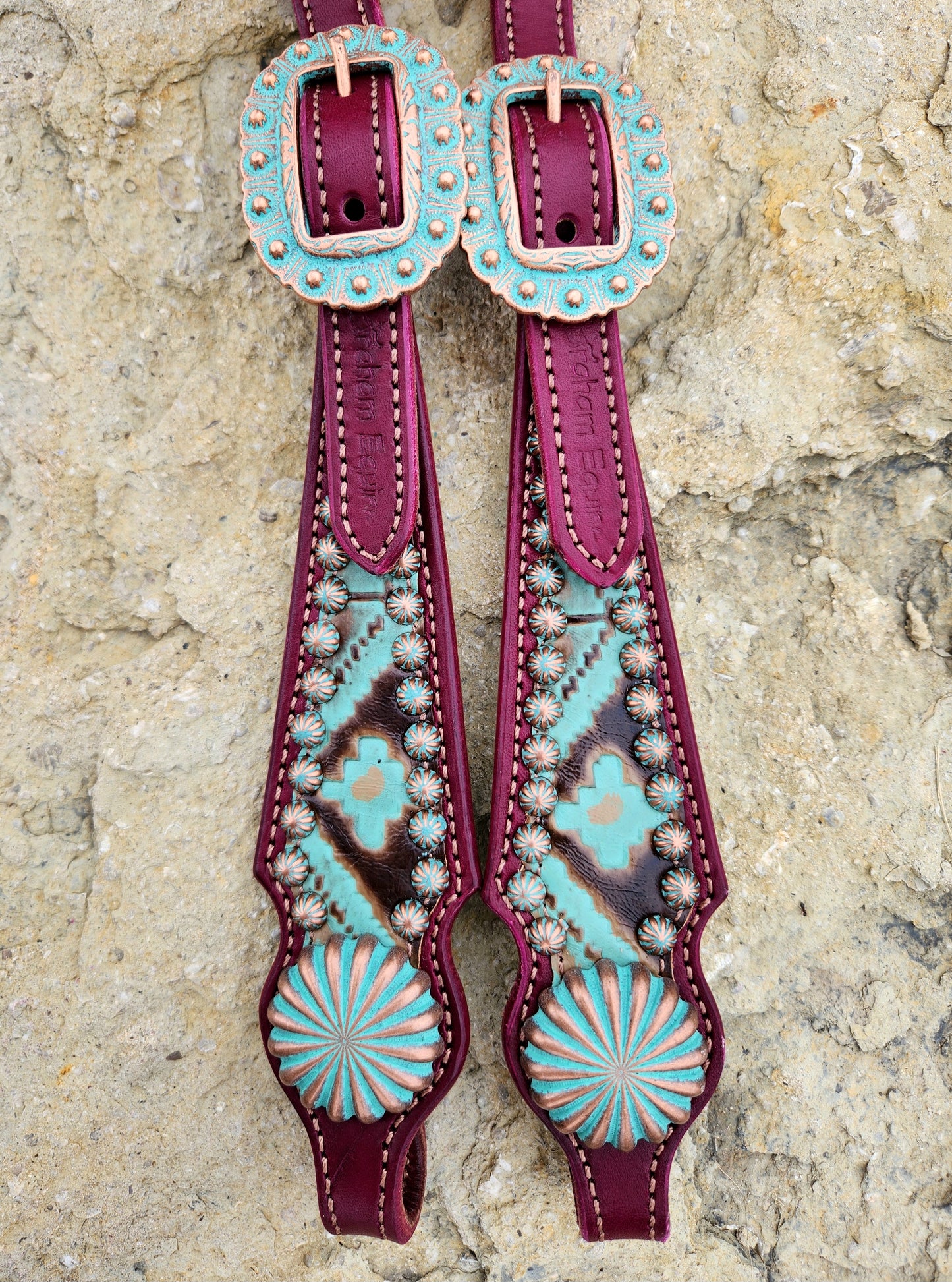 Headstall, Wine Leather- Turquoise Patina Aztec